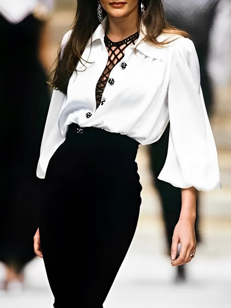 

Urban Plain Buttoned Shirt Collar Balloon Sleeve Shirt, White, Blouses and Shirts