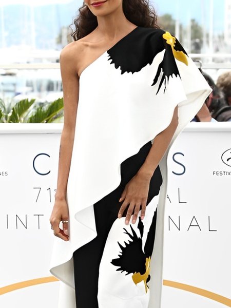 

Urban Floral Irregular Craftsmanship One Shoulder Off Blouse, As picture, Blouses and Shirts