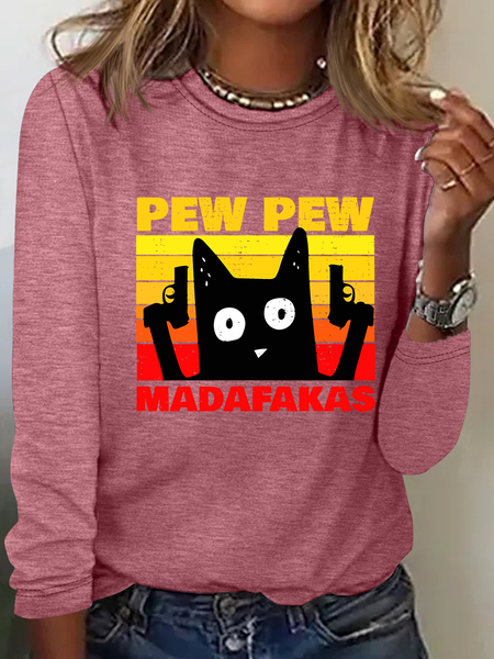 

Pew Pew Madafakas Cat Casual Long Sleeve Shirt, Watermelon, Long sleeves