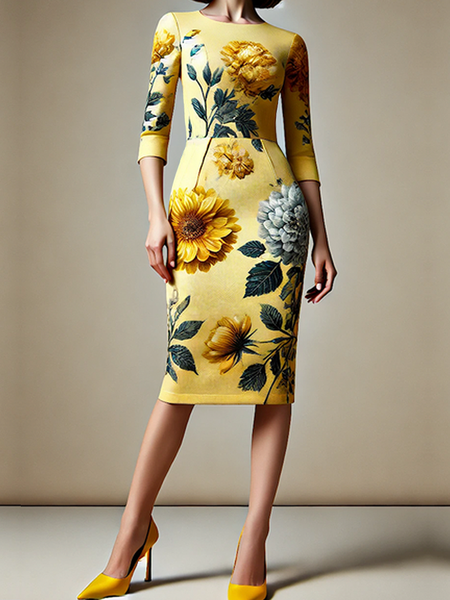 

Elegant Floral Knee Length Dress, As picture, Midi Dresses