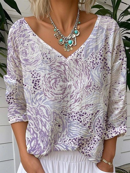 

Vintage 3D Printing V Neck Long Sleeve T-shirt, Purple, T-shirts