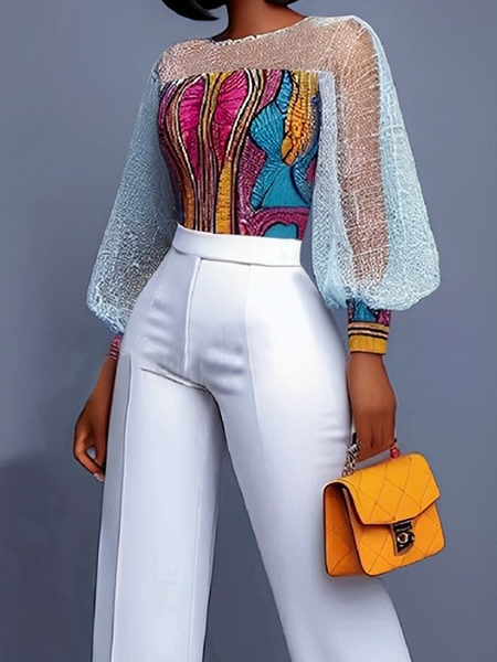 

Elegant Patchwork Sheer Mesh Balloon Sleeve Blouse, As picture, Blouses and Shirts