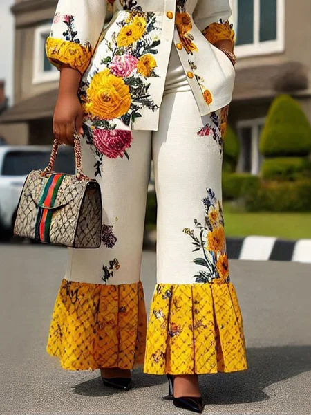 

Vacation Floral Loosen Baggy Pants, White-yellow, Pants
