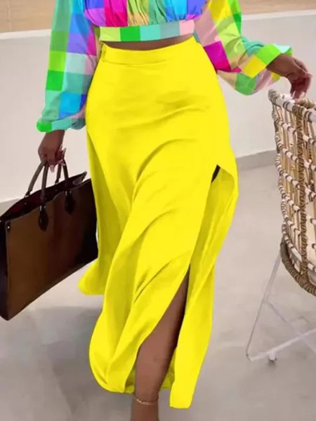 

Vacation Plain Maxi Slit Skirt, Yellow, Skirts