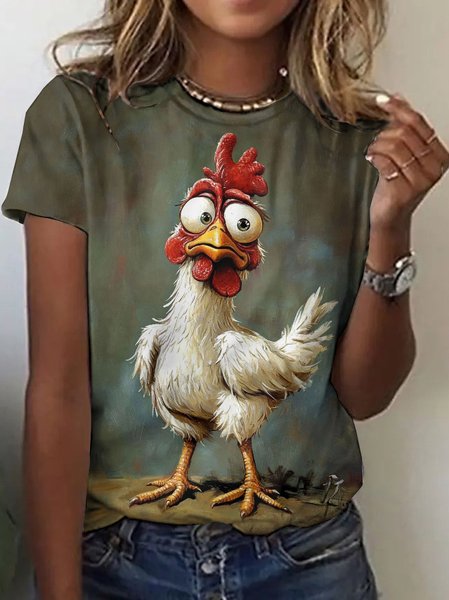 

Vintage Chicken Print Crew Neck Short Sleeve T-shirt, Coffee, T-shirts