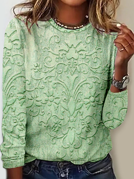 

Vintage 3D Floral Printing Crew Neck Long Sleeve T-shirt, Green, T-shirts