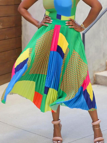 

Casual Pleated Colorblock Maxi Skirt, As picture, Skirts