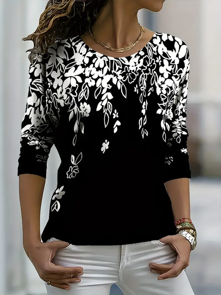

Women's Floral Spring Print Crew Neck Long Sleeve T-Shirt, Black, Long sleeves