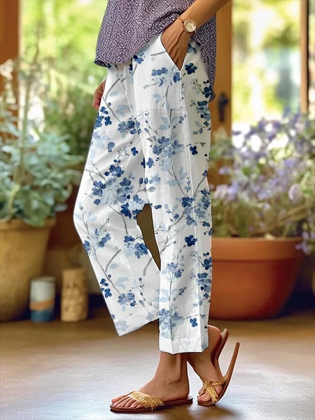 

Women's Trousers Straight Pants Daily Going Out Casual Printing Linen Blend Floral Spring/Fall Pants, White, Pants