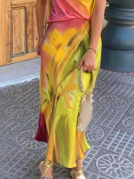 Vacation Printing Floral Pattern Maxi Skirt, As picture, Skirts