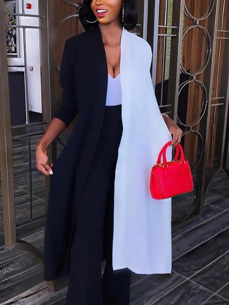 

Casual Split Joint Color Block V Neck Kimono, Black-white, Kimonos