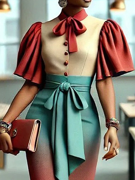 

Elegant Color Block Split Joint Stand Collar Puff Sleeve Shirt, As picture, Blouses and Shirts