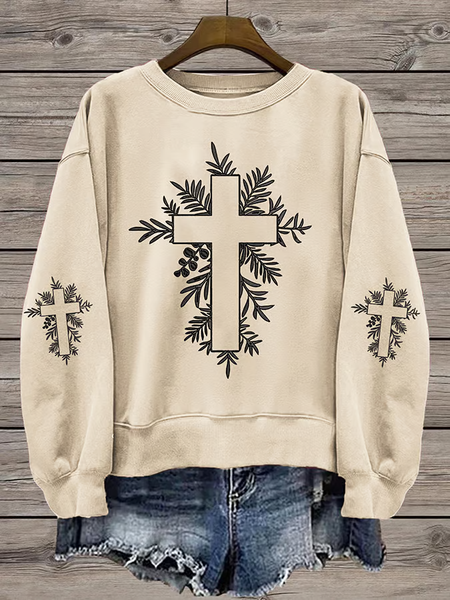 

Women's Crew Neck Floral Printing Casual Spring/Fall Long Sleeve Sweatshirt, Apricot, Sweatshirts & Hoodies