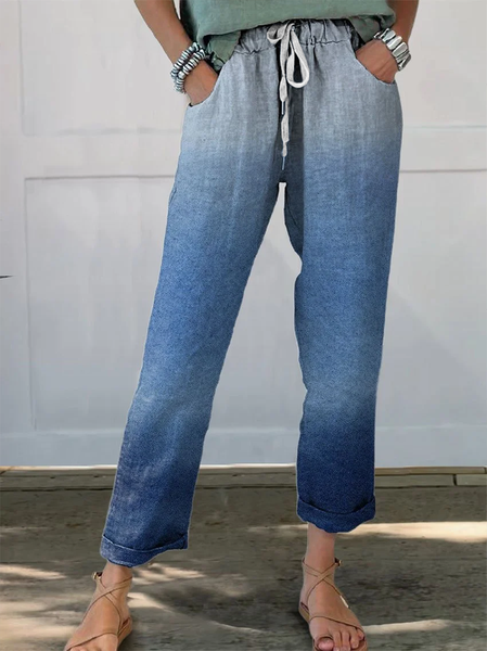 

Women's Trousers Straight Pants Daily Going Out Casual Printing Linen Blend Ombre Spring/Fall Pants, Blue, Pants