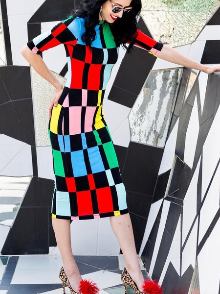 

Urban Colorblock Printing Crew Neck Midi Dress, As picture, Midi Dresses
