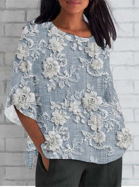 Women's 3D Floral Print Half Sleeve Casual Blouse, Blue, T-Shirts