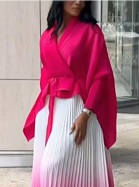 

Urban Dolman Sleeve Cross Plain Cross Neck Kimono With Belt, Pink, Kimonos