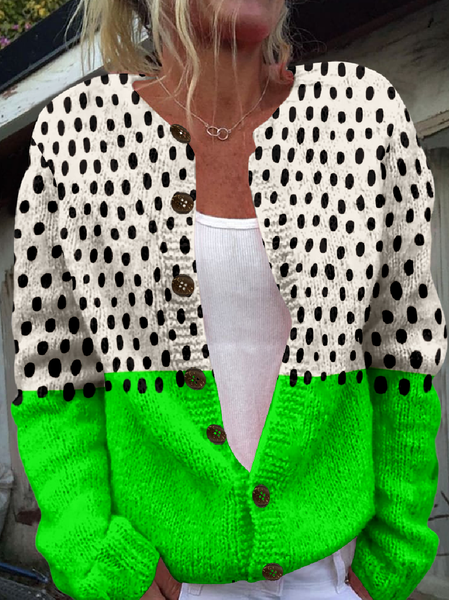 

Women Knitted Polka Dots Long Sleeve Comfy Vintage Cardigan, Dark green, Cardigans