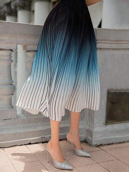 Elegant Printing Gradient Pattern Pleated Midi Skirt, Black-blue, Skirts