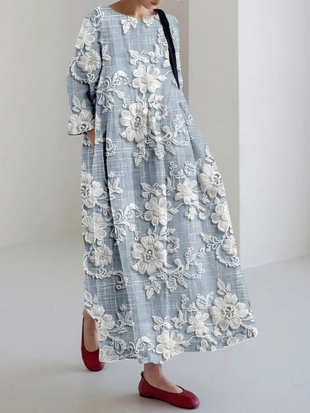 

Cottage Floral Embroidered Lace Linen Blend Maxi Dress, Blue, Dresses