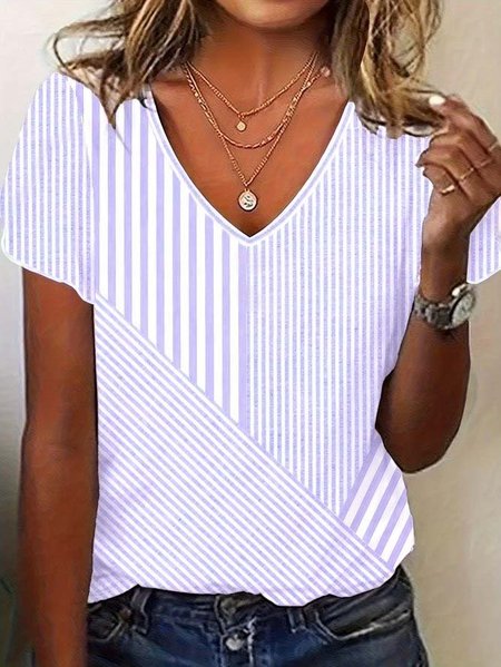 

Casual striped patchwork printed V-neck T-shirt, Purple, T-shirts