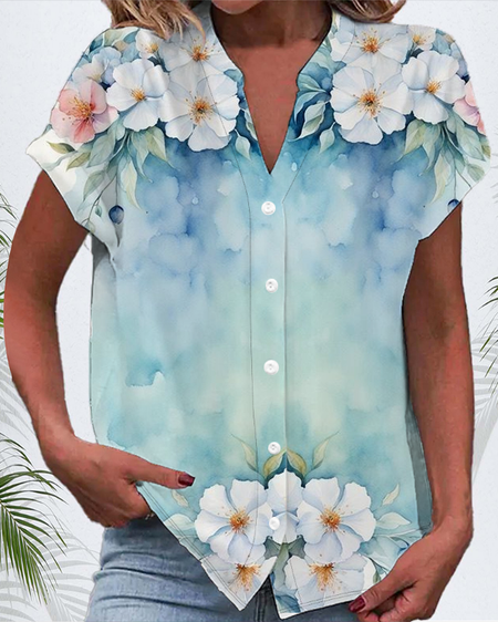 

Women's Short Sleeve Shirt Summer Floral Printing V Neck Daily Going Out Casual Top, As picture, Shirts