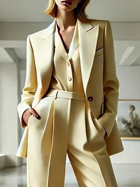

Urban Plain Lapel Collar Blazer, Light yellow, Blazers