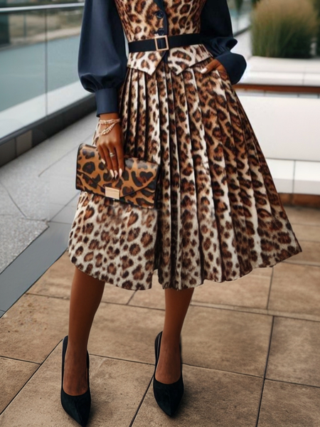Urban Pleated Leopard Midi Skirt, As picture, Skirts