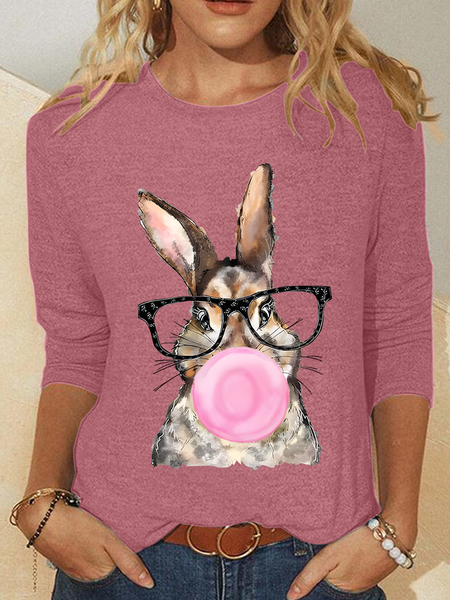 

Easter Bunny With Leopard Glasses Casual Long Sleeve Shirt, Watermelon, Long sleeves