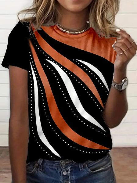 

Women's Geometric Print Round Neck Short Sleeve T-Shirt, Black, T-shirts
