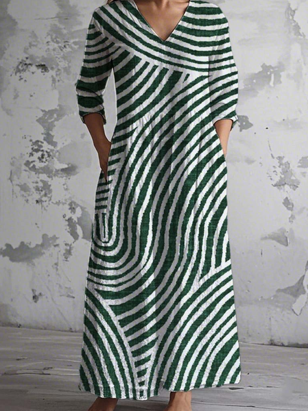 

Vintage Art Print Chic V Neck Elegant Midi Dress, Green, Dresses
