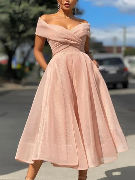Elegant Plain Cross Midi Party Dress, Pink, Maxi Dresses