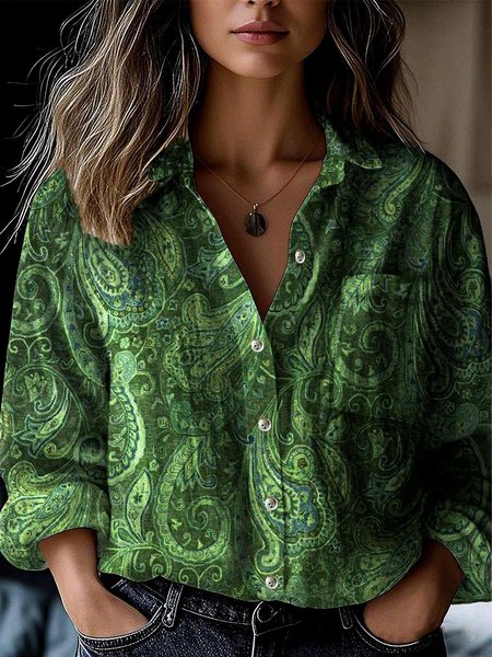 

Shawl Collar Long Sleeve Paisley Regular Micro-Elasticity Loose Shirt For Women, Green, Shirts
