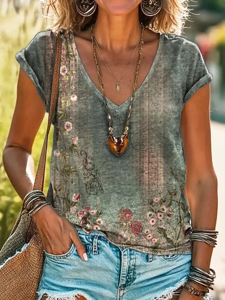 Women's retro ethnic floral print V-neck T-shirt, Green, T-shirts