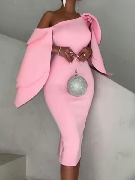 Elegant Plain Cold Shoulder Midi Dress, Pink, Midi Dresses