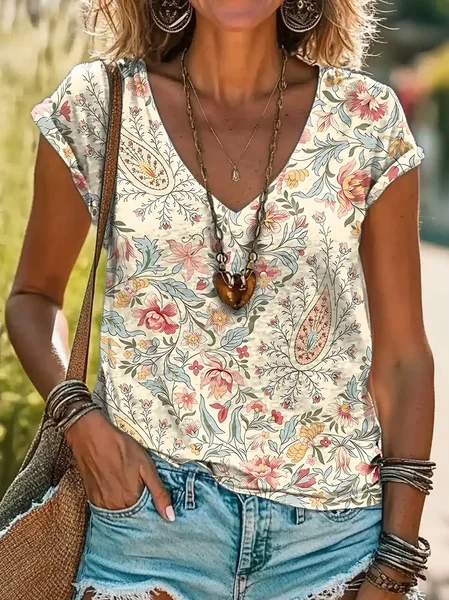 

Women's vintage floral print V-neck T-shirt, Apricot, T-shirts