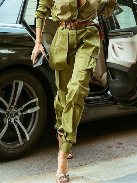Casual Plain Pockets Cargo Pants, Green, Pants