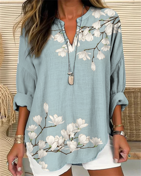 Cotton-Blend Floral Casual V Neck Shirt Blouse, Blue, Blouses