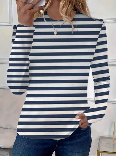 Casual Striped Crew Neck Long Sleeve T-shirt, As picture, T-shirts