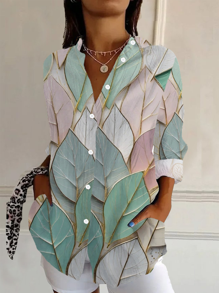 

Women's Floral Long Sleeve Shirt Spring/Fall Leaf Buckle Shirt Collar Daily Going Out Casual Top, As picture, Shirts