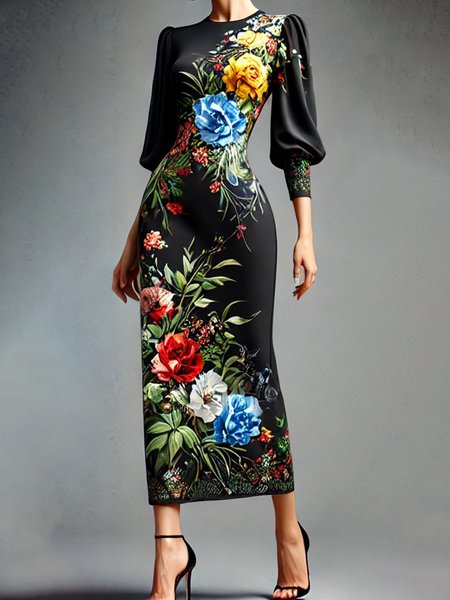Urban Floral Balloon Sleeve Printing Crew Neck Maxi Dress, As picture, Maxi Dresses