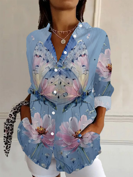 

Women's Long Sleeve Shirt Spring/Fall Floral Buckle Shirt Collar Daily Going Out Casual Top, Blue, Shirts