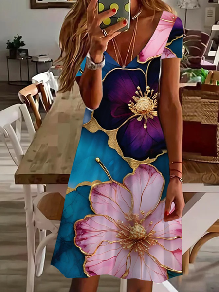 

Women's Short Sleeve Summer Floral Printing Dress V Neck Daily Going Out Casual Knee Length T-Shirt Dress H-Line Dress, As picture, Casual Dresses