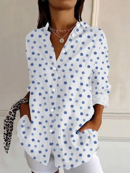 

Women's Long Sleeve Shirt Spring/Fall White Polka Dots Buckle Shirt Collar Daily Going Out Casual Top, Blouses & Shirts
