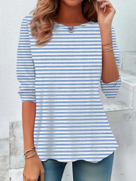 

Women's Long Sleeve Tee T-shirt Spring/Fall Striped Printing Crew Neck Casual Graphic Tee Top, Blue, T-Shirts