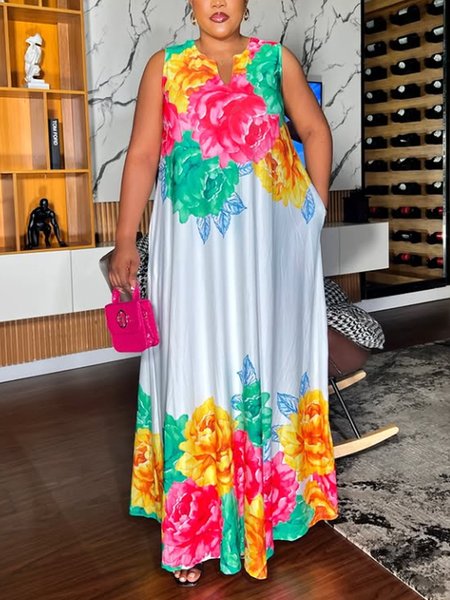 

Vacation Floral Printing Notched Loosen Sleeveless Maxi Dress, As picture, Maxi Dresses
