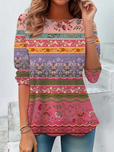

Women's Floral Spring Print Casual Crew Neck Tunic T-Shirt, As picture, Long sleeves