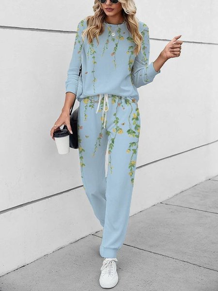 

Women's Printing Floral Daily Going Out Two Piece Set Long Sleeve Casual Spring/Fall Top With Pants Matching Set, Blue, Suit Set