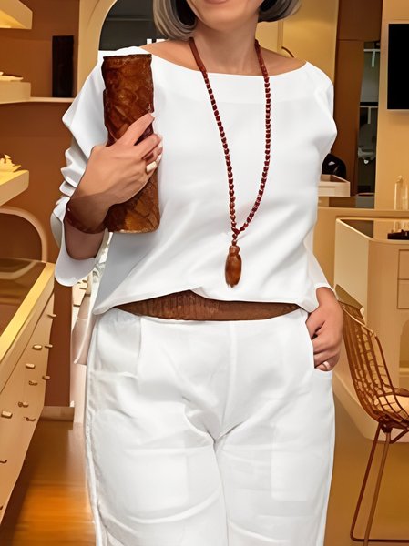 Cotton And Linen Casual Plain Distressing Crew Neck Blouse, White, Blouses and Shirts
