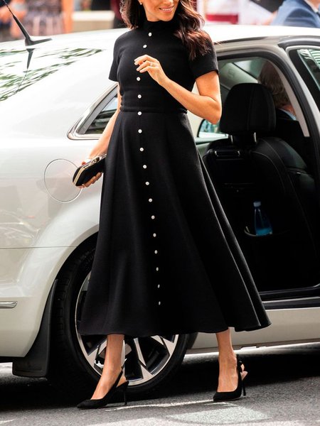 Urban Plain Stand Collar Maxi Dress, Black, Maxi Dresses
